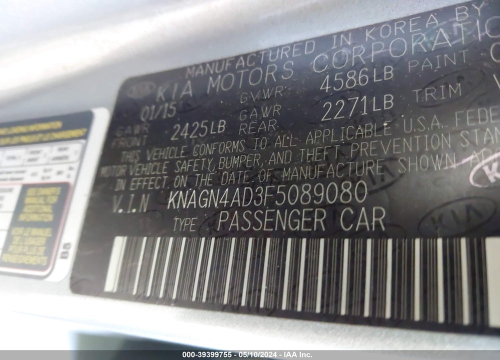 2015 KIA OPTIMA HYBRID EX VIN: KNAGN4AD3F5089080