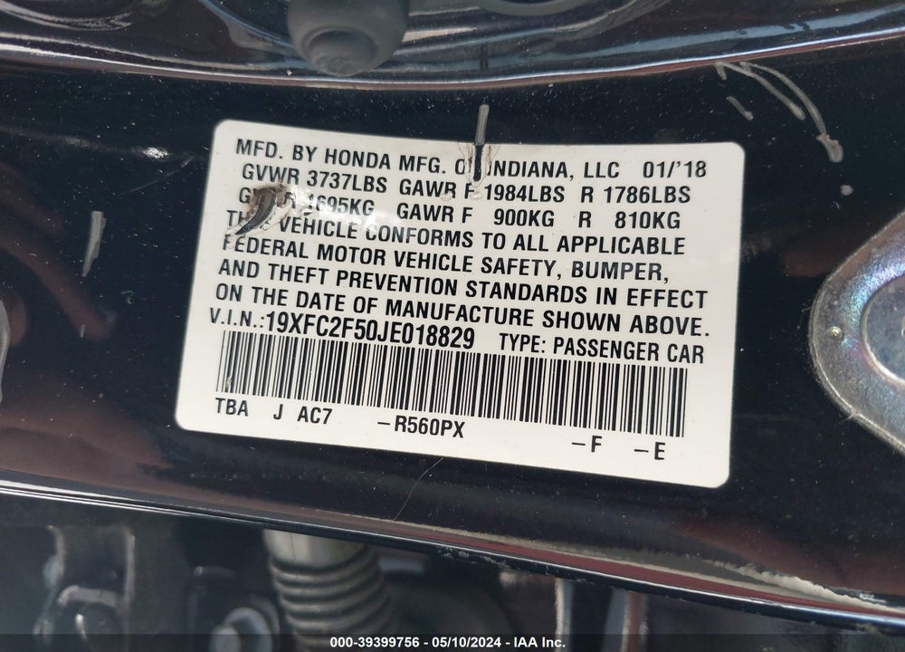 2018 HONDA CIVIC LX VIN: 19XFC2F50JE018829