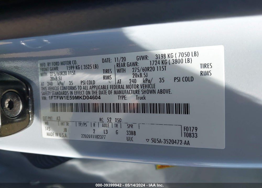 2021 FORD F-150 VIN: 1FTFW1E59MKD04604