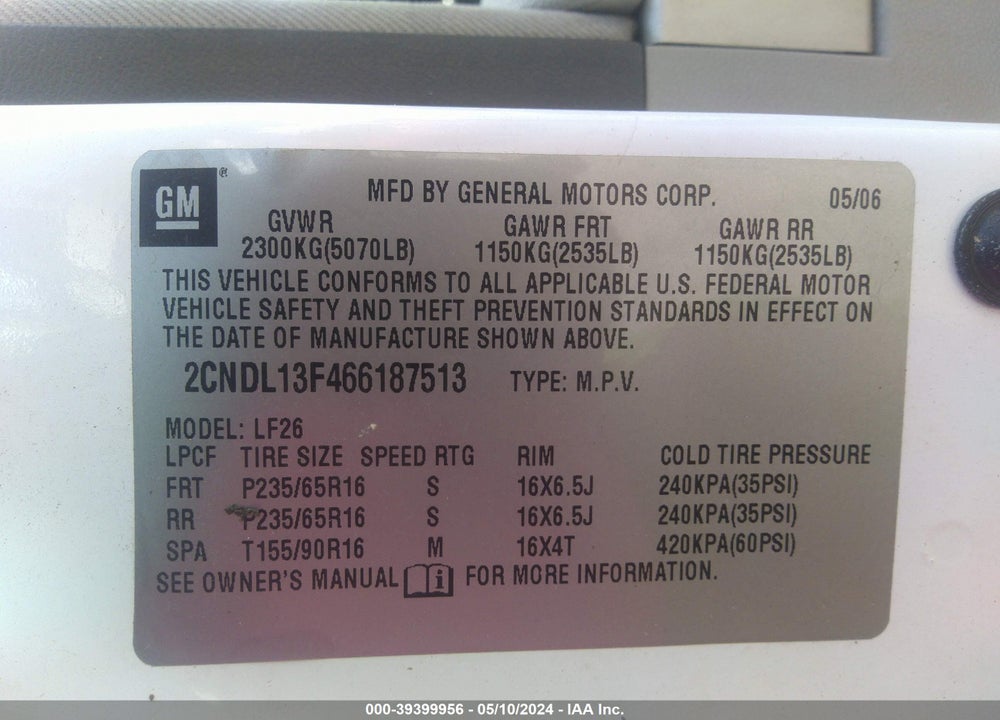 2006 CHEVROLET EQUINOX LS VIN: 2CNDL13F466187513