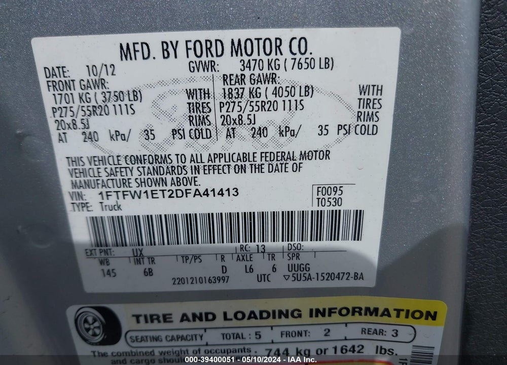 2013 FORD F-150 FX4 VIN: 1FTFW1ET2DFA41413
