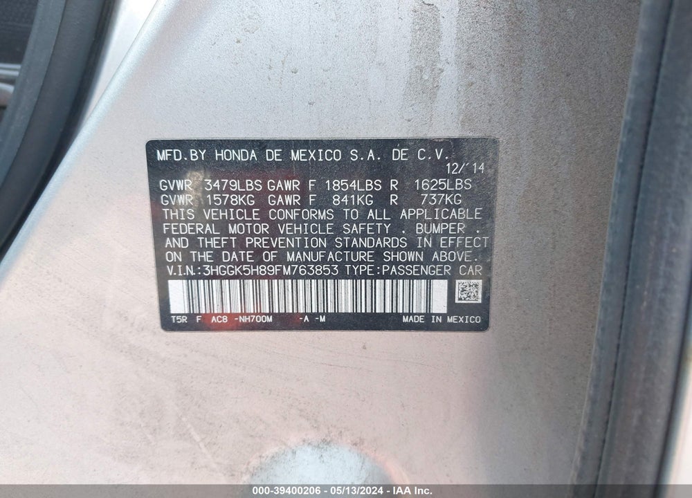 2015 HONDA FIT EX/EX-L VIN: 3HGGK5H89FM763853