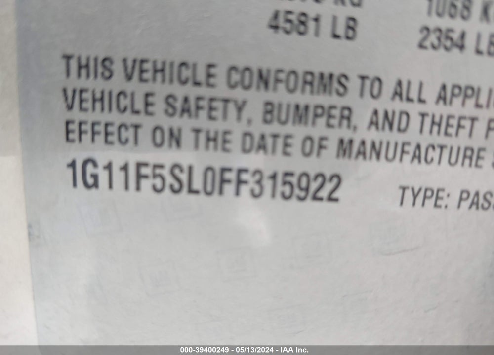 2015 CHEVROLET MALIBU 1LZ VIN: 1G11F5SL0FF315922