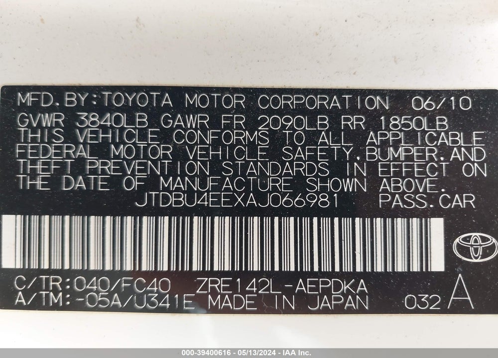 2010 TOYOTA COROLLA LE VIN: JTDBU4EEXAJ066981