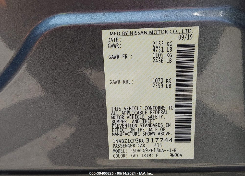 2019 NISSAN LEAF SL PLUS VIN: 1N4BZ1CP3KC317744