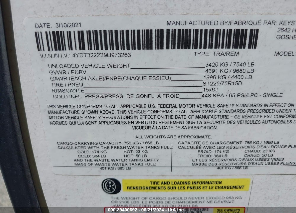 2021 KODIAK 3221RL SL VIN: 4YDT32222MJ973263