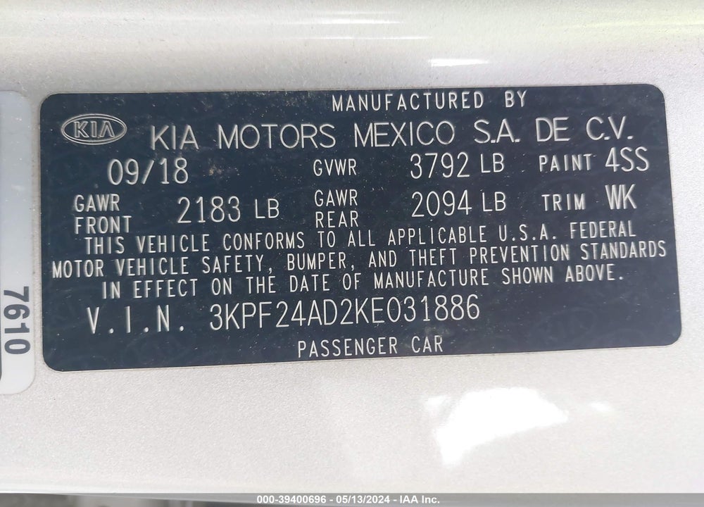 2019 KIA FORTE LXS VIN: 3KPF24AD2KE031886