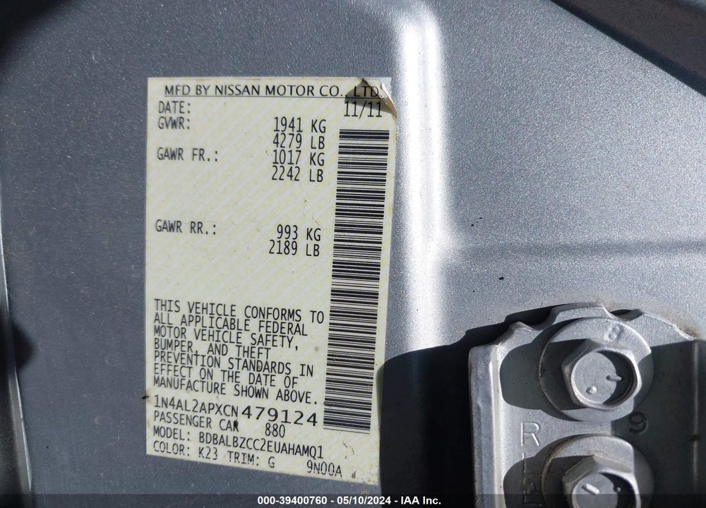2012 NISSAN ALTIMA 2.5 S VIN: 1N4AL2APXCN479124