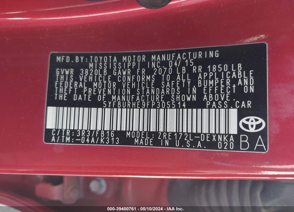 2015 TOYOTA COROLLA LE VIN: 5YFBURHE9FP305514