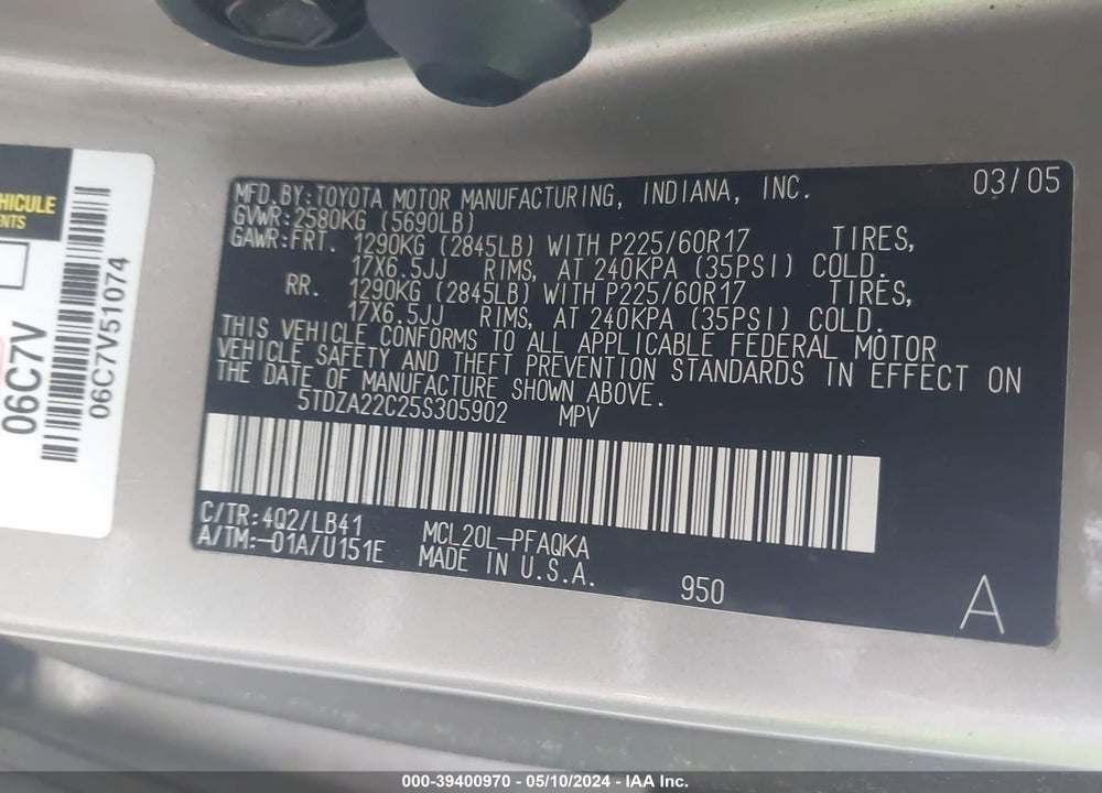 2005 TOYOTA SIENNA XLE VIN: 5TDZA22C25S305902