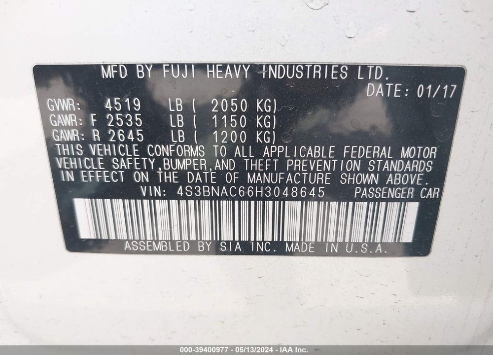 2017 SUBARU LEGACY 2.5I PREMIUM VIN: 4S3BNAC66H3048645