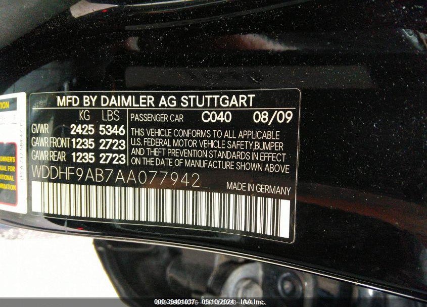 2010 MERCEDES-BENZ E 550 4MATIC VIN: WDDHF9AB7AA077942