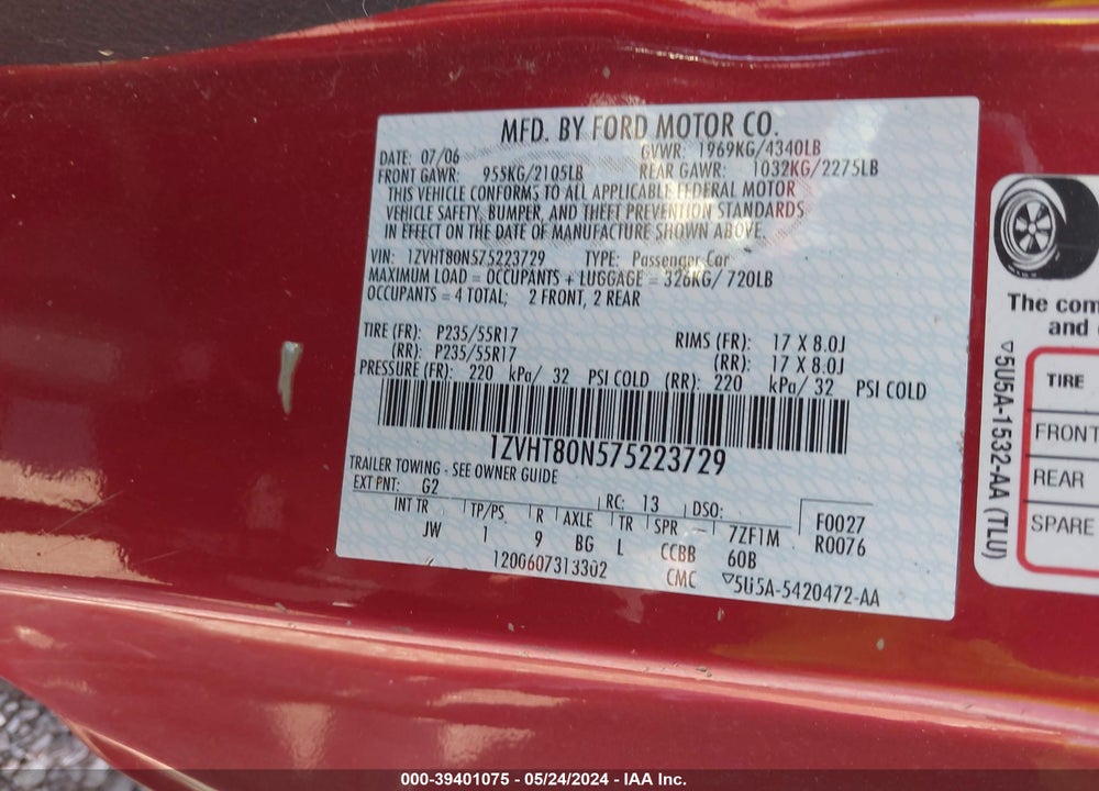 2007 FORD MUSTANG V6 DELUXE/V6 PREMIUM VIN: 1ZVHT80N575223729