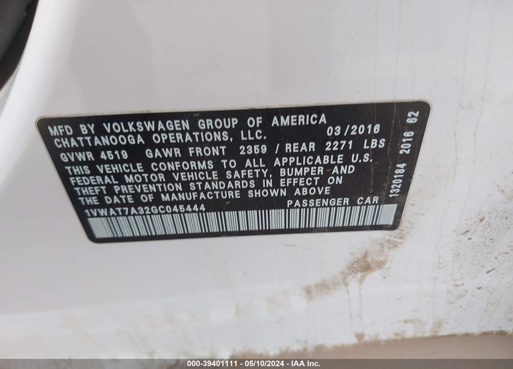 2016 VOLKSWAGEN PASSAT 1.8T R-LINE VIN: 1VWAT7A32GC045444