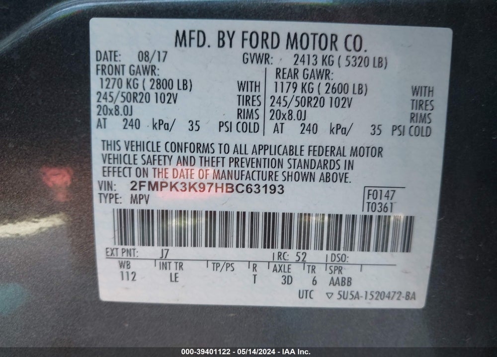 2017 FORD EDGE TITANIUM VIN: 2FMPK3K97HBC63193