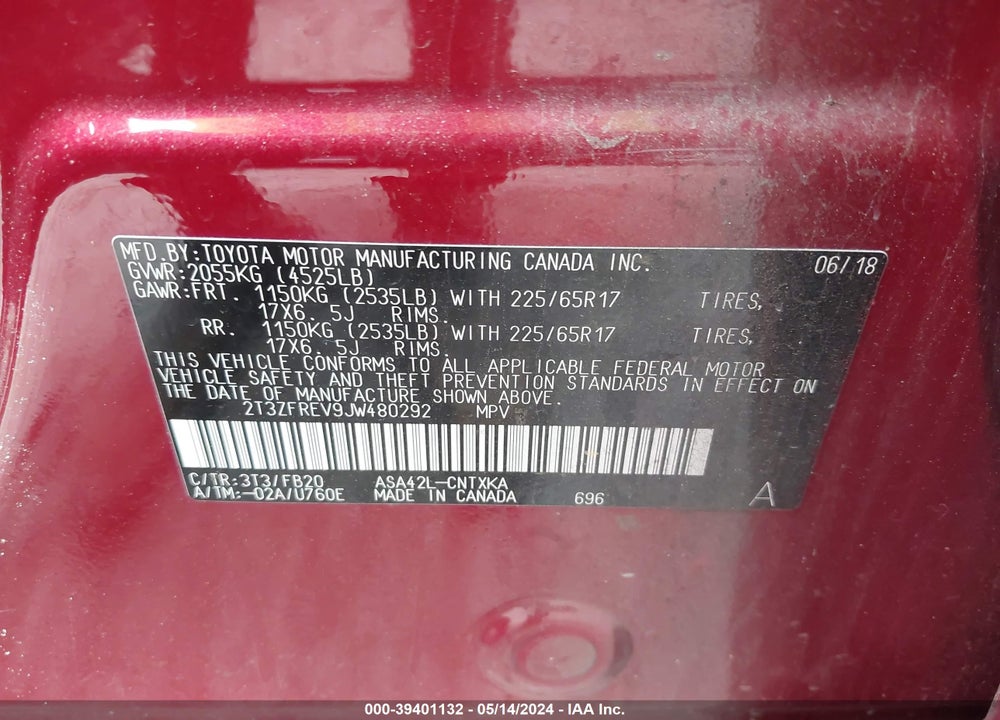 2018 TOYOTA RAV4 LE VIN: 2T3ZFREV9JW480292