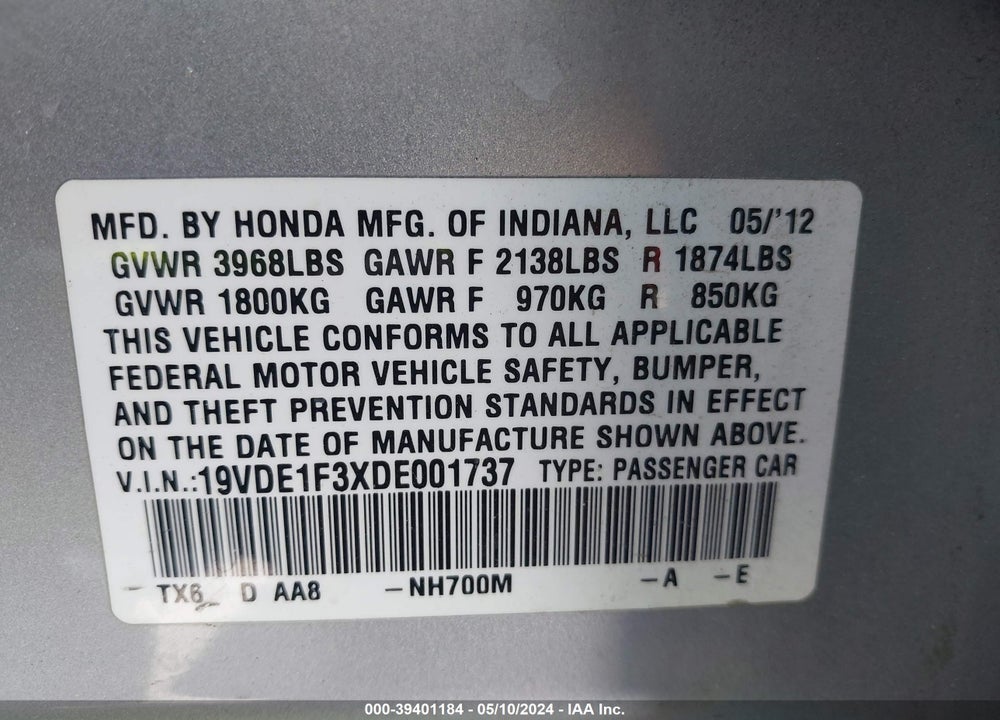 2013 ACURA ILX 2.0L VIN: 19VDE1F3XDE001737