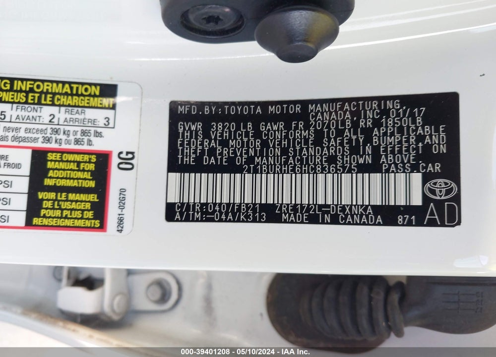 2017 TOYOTA COROLLA LE VIN: 2T1BURHE6HC836575