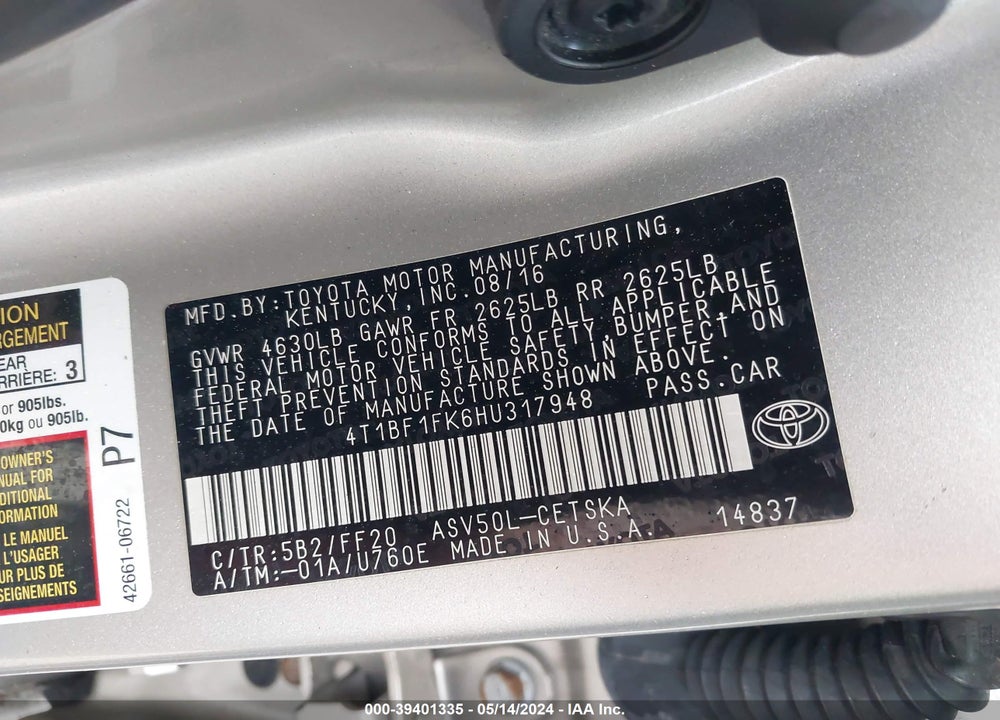 2017 TOYOTA CAMRY SE VIN: 4T1BF1FK6HU317948
