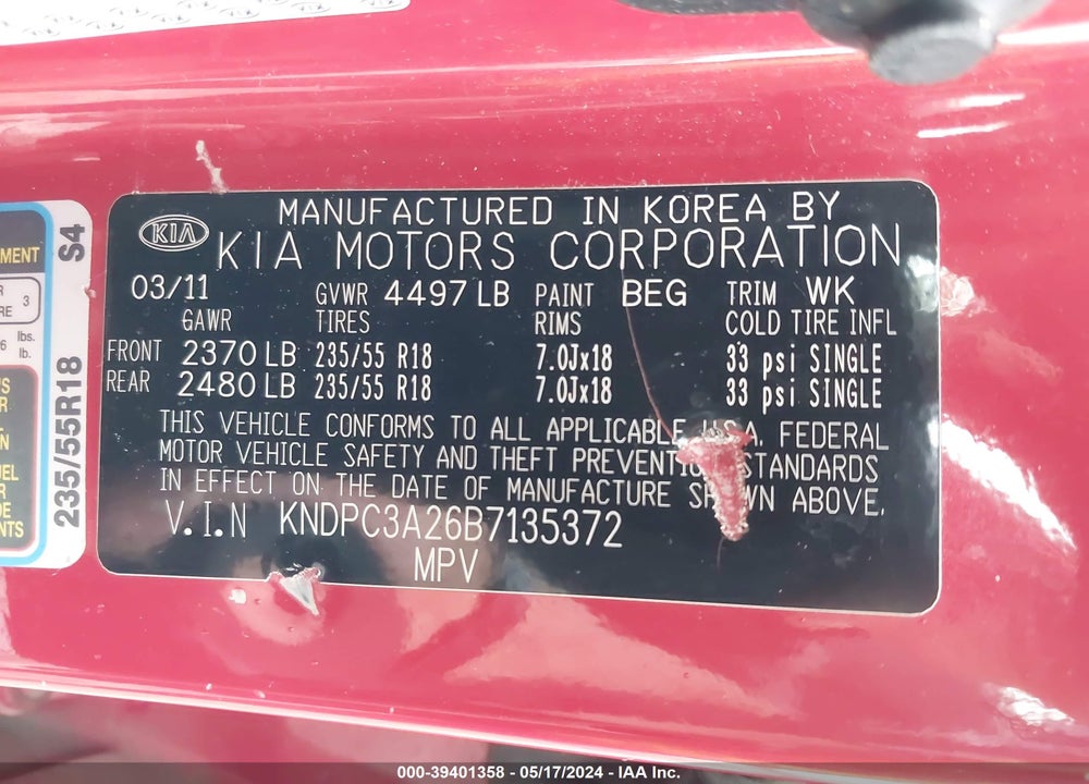 2011 KIA SPORTAGE EX VIN: KNDPC3A26B7135372