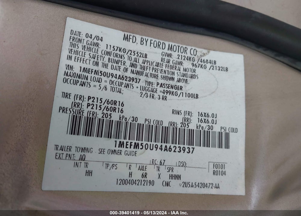 2004 MERCURY SABLE GS VIN: 1MEFM50U94A623937