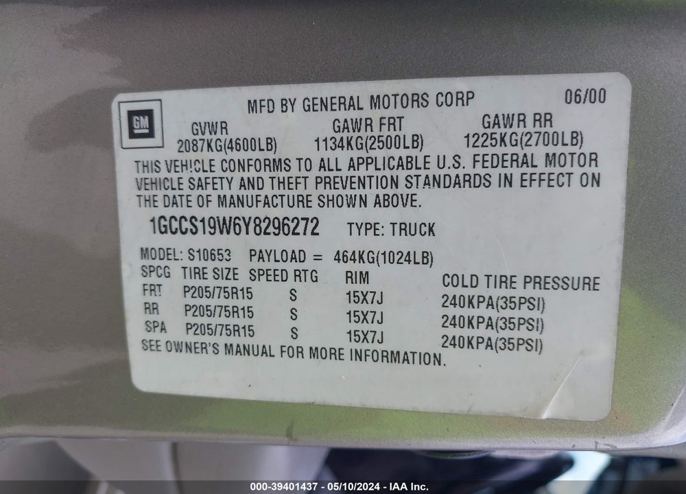 2000 CHEVROLET S-10 LS VIN: 1GCCS19W6Y8296272