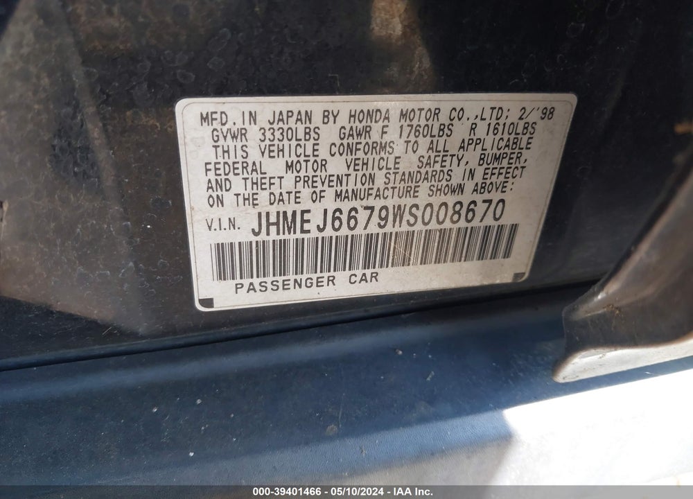 1998 HONDA CIVIC LX VIN: JHMEJ6679WS008670