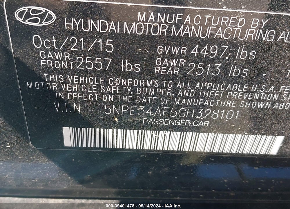 2016 HYUNDAI SONATA LIMITED VIN: 5NPE34AF5GH328101