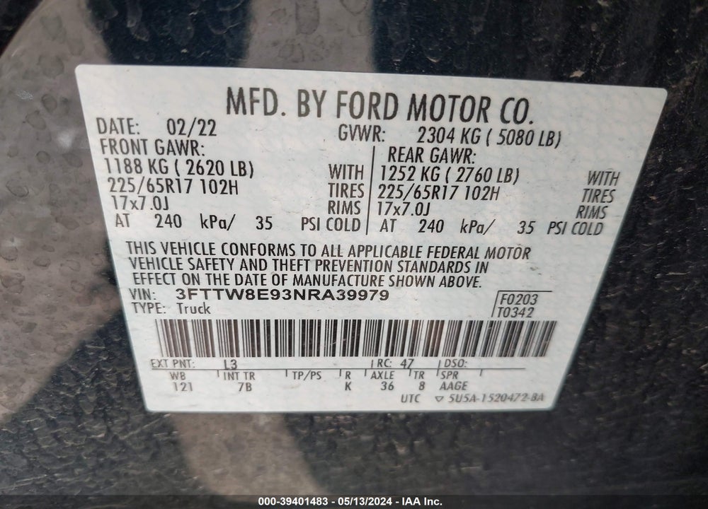 2022 FORD MAVERICK XLT VIN: 3FTTW8E93NRA39979