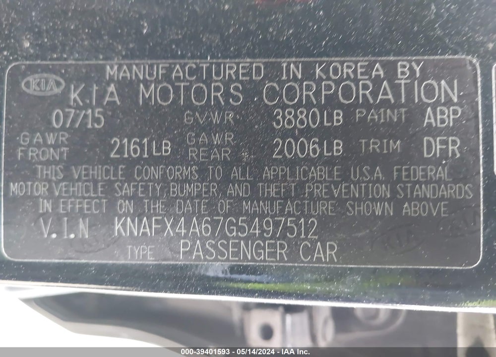 2016 KIA FORTE LX VIN: KNAFX4A67G5497512