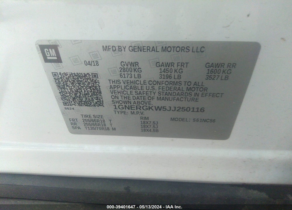 2018 CHEVROLET TRAVERSE 1LT VIN: 1GNERGKW5JJ250116