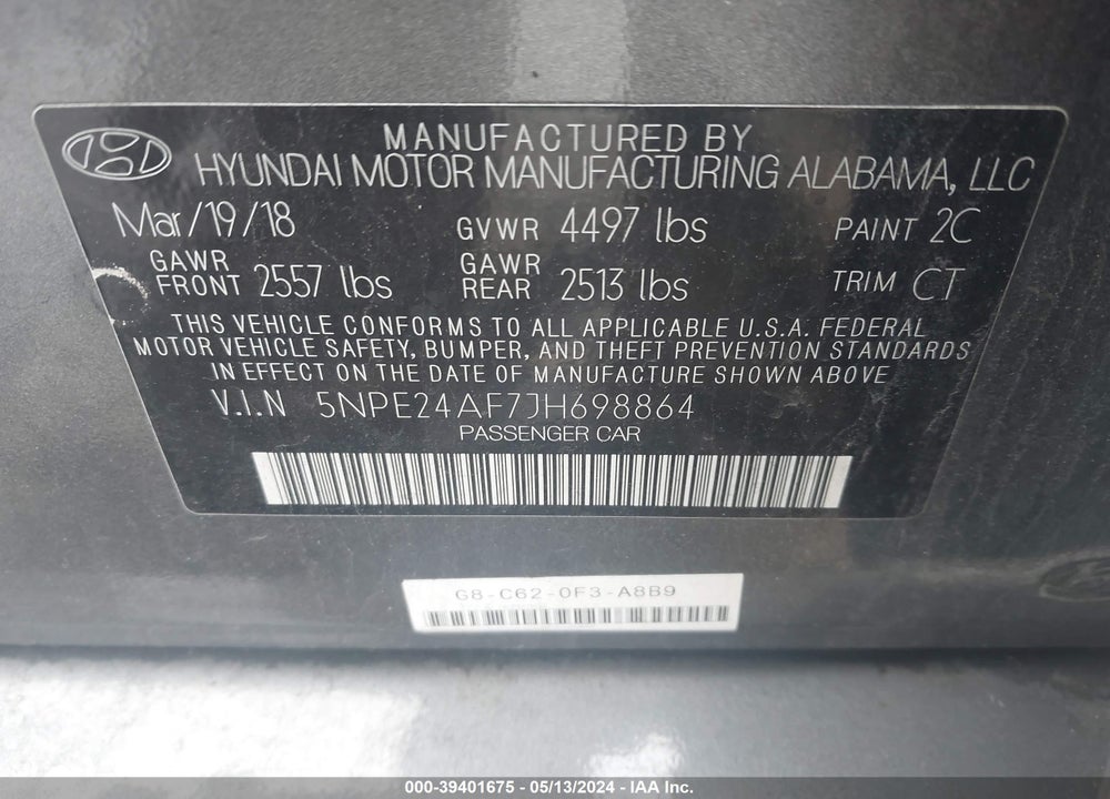 2018 HYUNDAI SONATA SE VIN: 5NPE24AF7JH698864