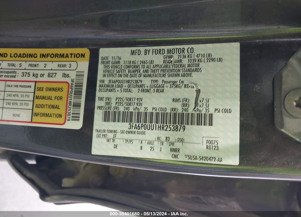 2017 FORD FUSION HYBRID VIN: 3FA6P0UU1HR253879