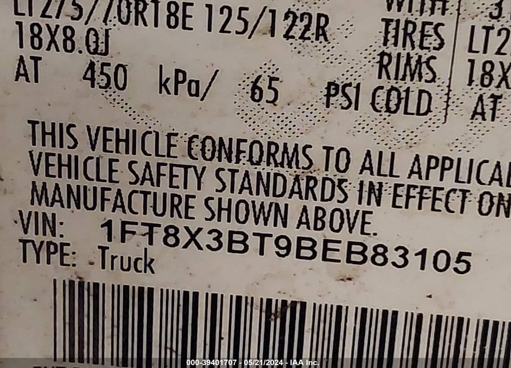 2011 FORD F-350 XLT VIN: 1FT8X3BT9BEB83105
