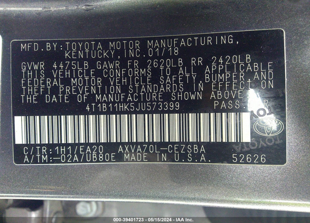 2018 TOYOTA CAMRY SE VIN: 4T1B11HK5JU573399