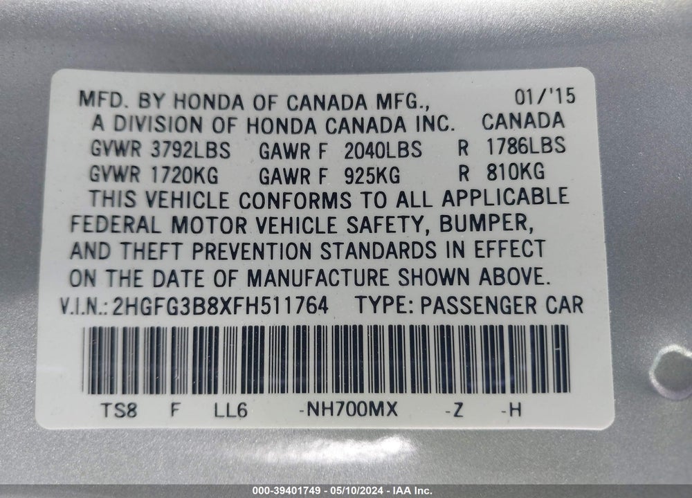 2015 HONDA CIVIC EX VIN: 2HGFG3B8XFH511764