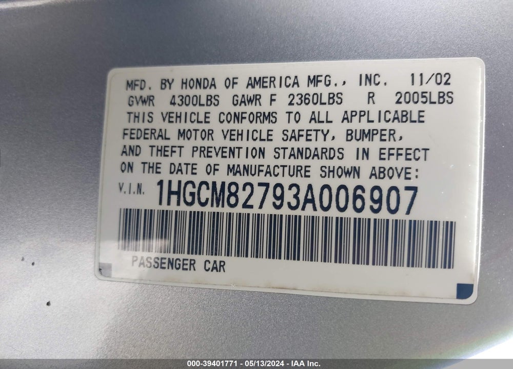 2003 HONDA ACCORD 3.0 EX VIN: 1HGCM82793A006907