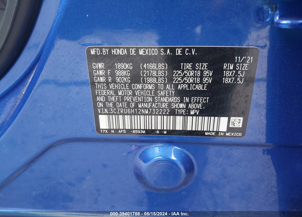 2022 HONDA HR-V AWD SPORT VIN: 3CZRU6H12NM732222