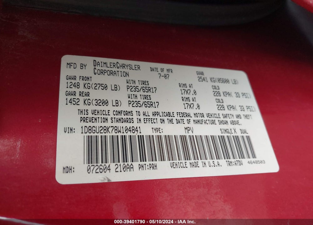 2008 DODGE NITRO SXT VIN: 1D8GU28K78W104841