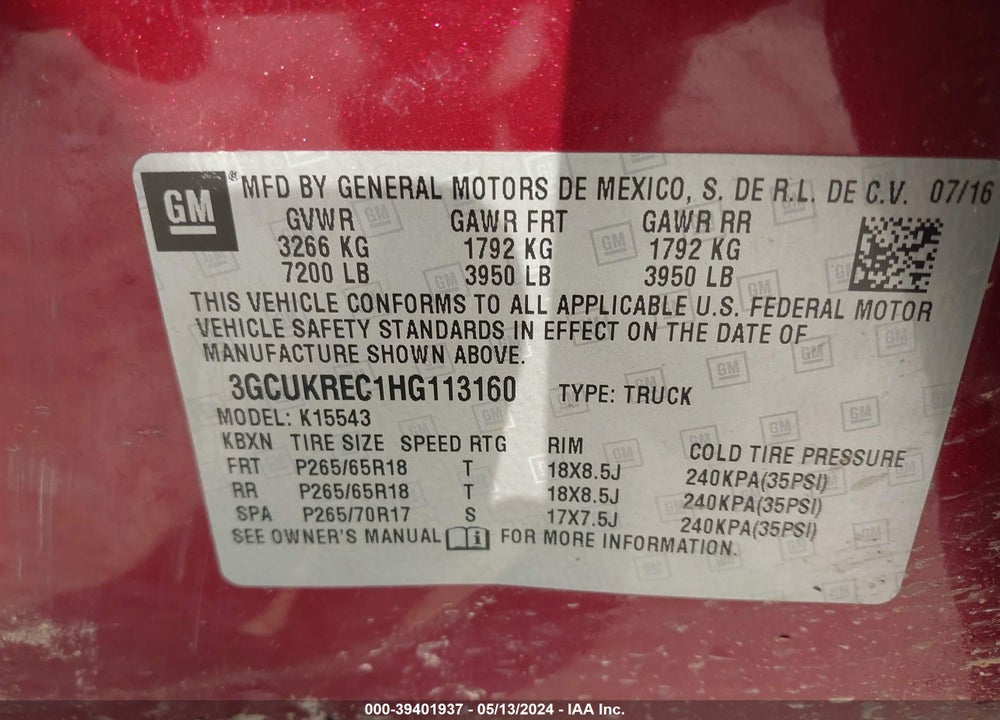 2017 CHEVROLET SILVERADO 1500 1LT VIN: 3GCUKREC1HG113160