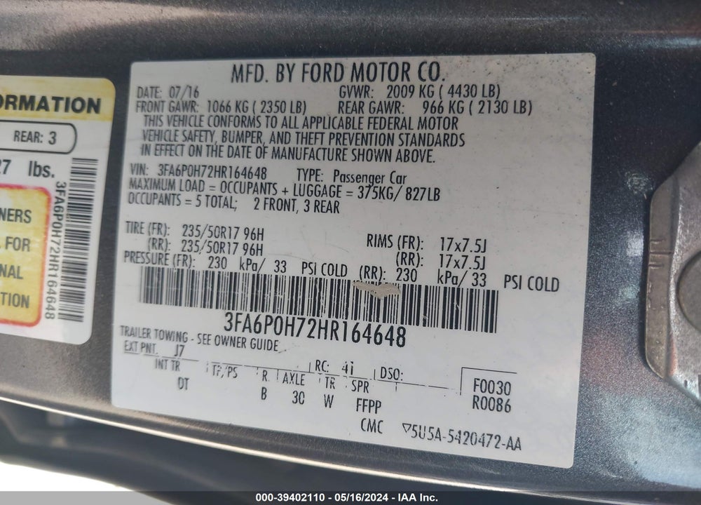 2017 FORD FUSION SE VIN: 3FA6P0H72HR164648