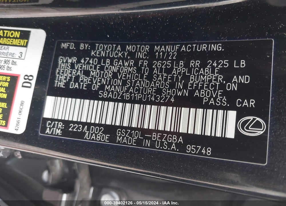 2023 LEXUS ES 350 VIN: 58ADZ1B11PU143274