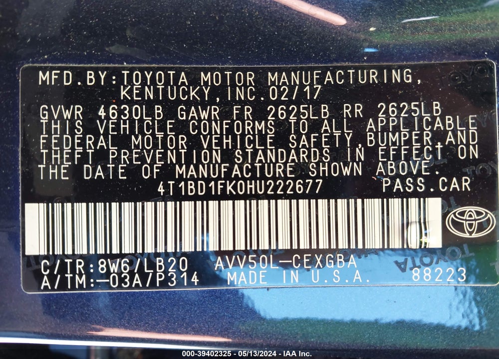 2017 TOYOTA CAMRY HYBRID XLE VIN: 4T1BD1FK0HU222677