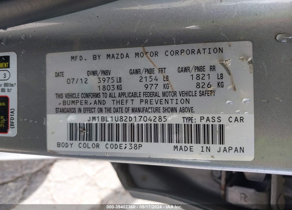 2013 MAZDA MAZDA3 VIN: JM1BL1U82D1704285