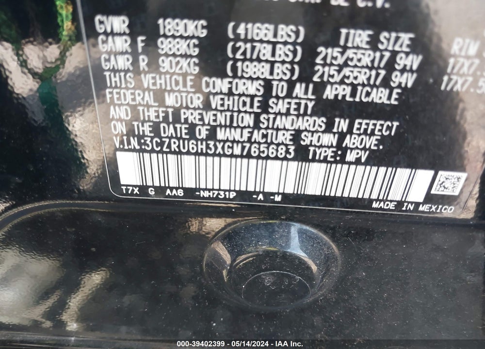2016 HONDA HR-V LX VIN: 3CZRU6H3XGM765683
