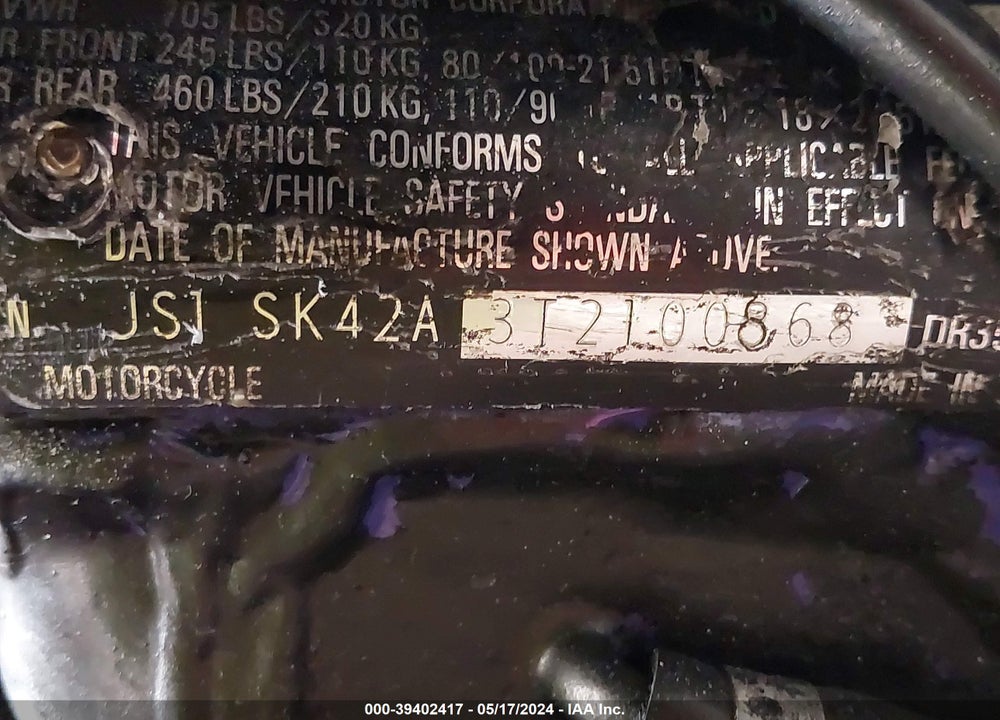 1996 SUZUKI DR350 SE VIN: JS1SK42A3T2100368