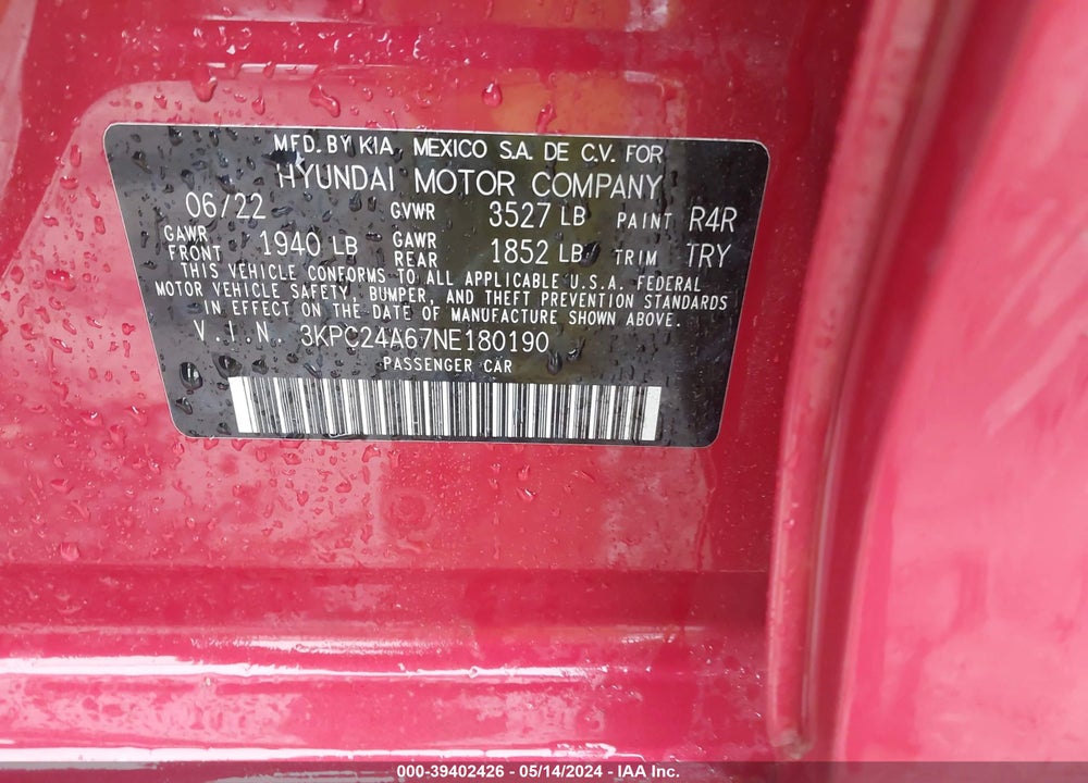 2022 HYUNDAI ACCENT SEL VIN: 3KPC24A67NE180190