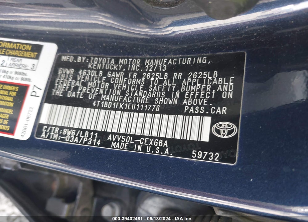 2014 TOYOTA CAMRY HYBRID XLE VIN: 4T1BD1FK1EU111776