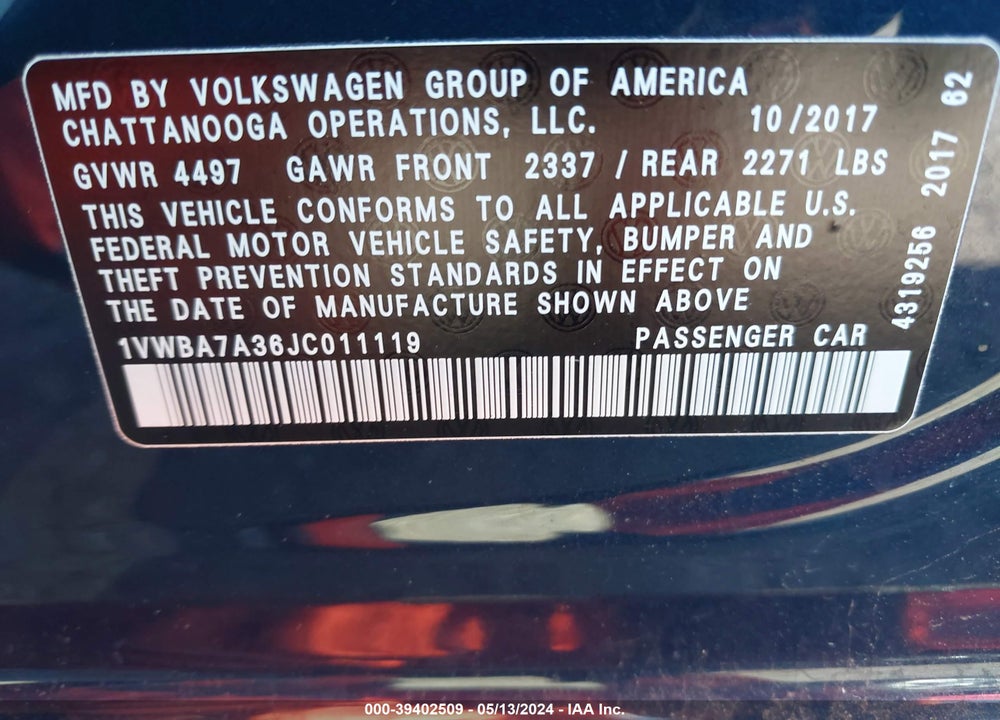 2018 VOLKSWAGEN PASSAT 2.0T SE VIN: 1VWBA7A36JC011119