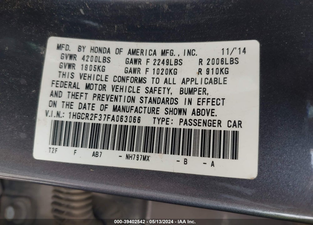 2015 HONDA ACCORD LX VIN: 1HGCR2F37FA063066